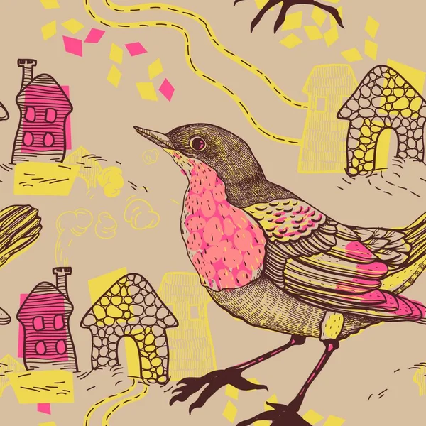 Modèle Vectoriel Continu Avec Oiseaux Maisons — Image vectorielle