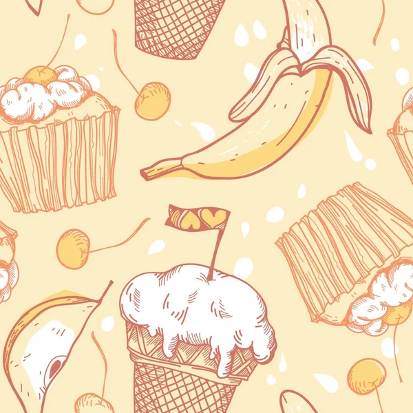 含蛋糕 水果和冰淇淋的病媒食品无缝图案 — 图库矢量图片