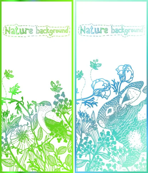 Vector Conjunto Tarjetas Florales Dibujadas Mano Con Plantas Animales — Archivo Imágenes Vectoriales
