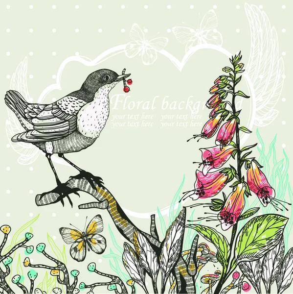 Illustration Vectorielle Avec Petit Oiseau Des Digitales Fleurs Colorées — Image vectorielle