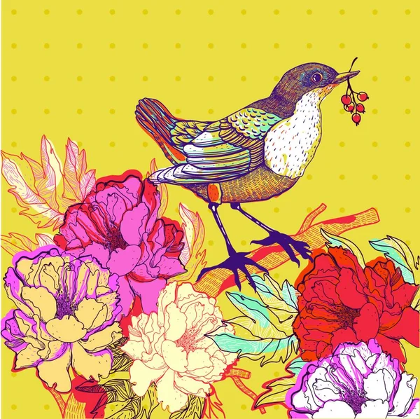 Vector Illustratie Van Een Vogel Bloeiende Rozen — Stockvector