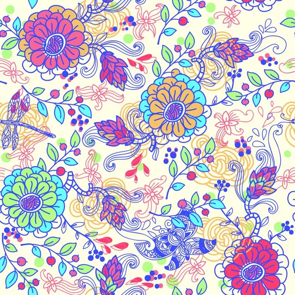 Векторный Бесшовный Цветочный Узор Цветными Фантазийными Цветами — стоковый вектор