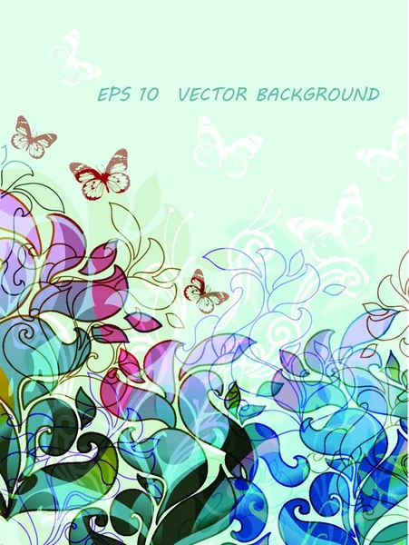 Eps10 Floraler Hintergrund Mit Bunten Fantasiepflanzen Und Fliegenden Schmetterlingen — Stockvektor
