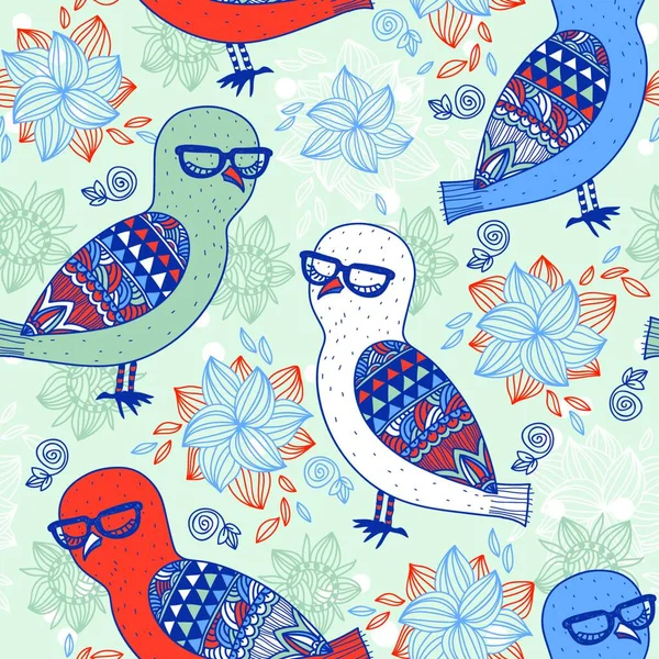 Vector Floral Seamless Pattern Colorful Owls — Stock Vector