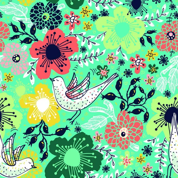 Vector Patrón Floral Sin Costuras Con Flores Flor Pájaros Blancos — Archivo Imágenes Vectoriales