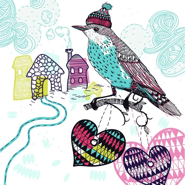 冬の鳥や心や抽象的な家とベクトルのシームレスなパターン — ストックベクタ
