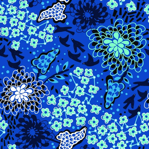 Vetor Floral Padrão Sem Costura Com Plantas Abstratas Fundo Azul — Vetor de Stock