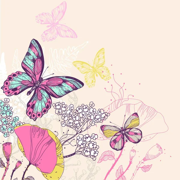 Ilustración Vectorial Coloridas Mariposas Flores — Vector de stock