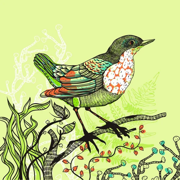 Vektor Illustration Skogsfågel Med Vilda Växter — Stock vektor