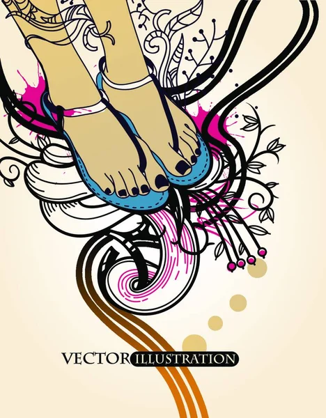 Vector Illustration Pretty Feet Summer Sandals Abstract Floral Background — Stock Vector