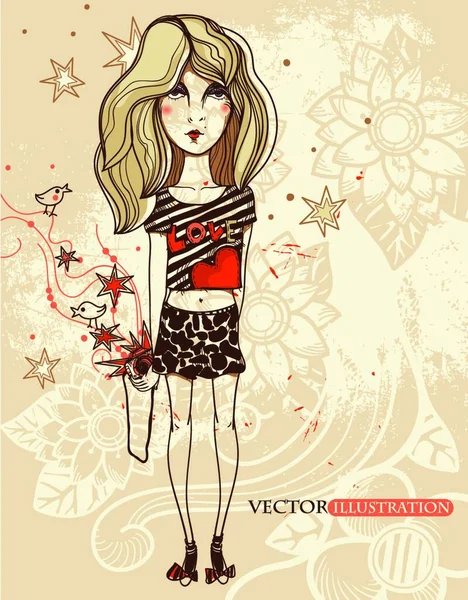 Vector Illustration Young Girl Camera Flying Birds Floral Background — Stock Vector