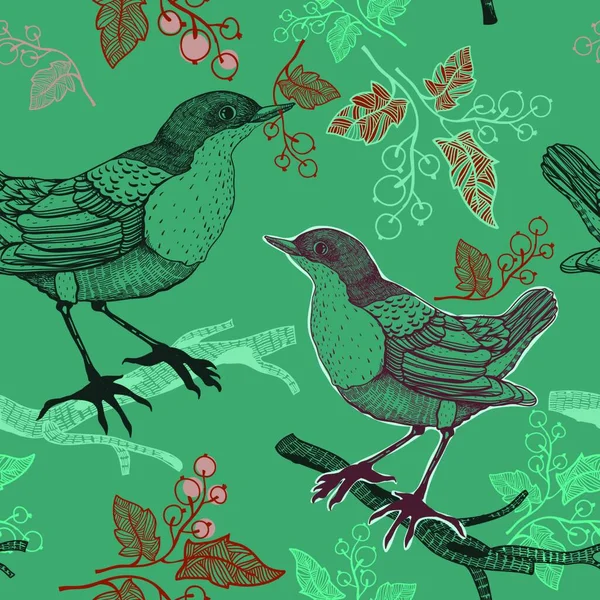 Modello Vettoriale Senza Cuciture Con Uccelli Bacche Disegnati Mano — Vettoriale Stock