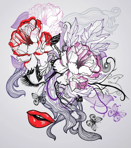 Vector Illustration Dreaming Girl Blooming Roses — Stock Vector