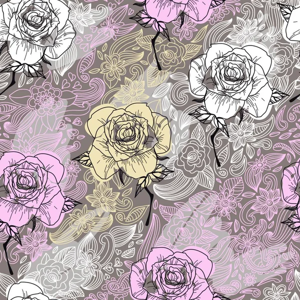 Patrón Floral Sin Costuras Vectoriales Con Rosas Florecientes Fondo Beige — Vector de stock