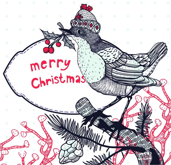 Illustration Vectorielle Noël Oiseau Hiver Avec Des Baies Houx Assises — Image vectorielle