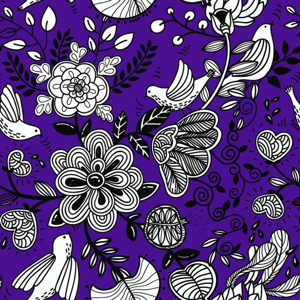 Vector Bloemen Naadloos Patroon Met Abstracte Vogels Bloemen Een Violette — Stockvector