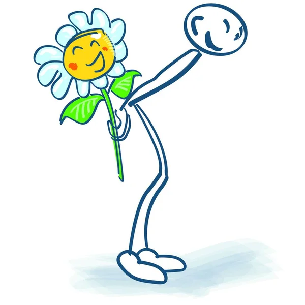 Stick Figura Egy Virággal Háta Mögött Gratulálok Érintéshez — Stock Vector