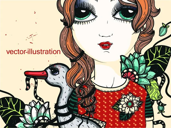 Ilustração Vetorial Uma Menina Bonita Com Pato Cinza Fundo Floral — Vetor de Stock