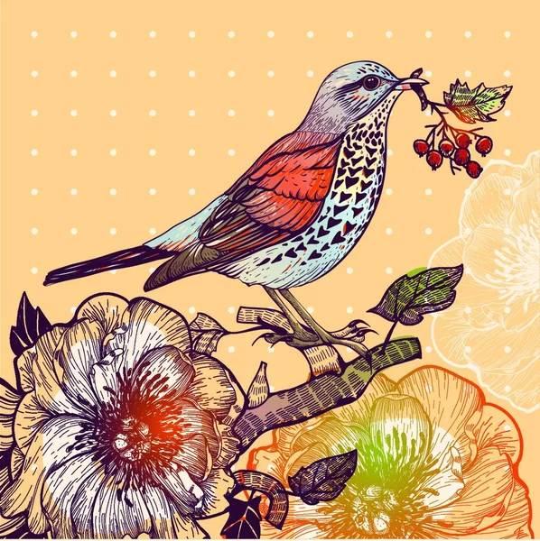 Vector Ilustración Pájaro Del Bosque Rosas Silvestres — Archivo Imágenes Vectoriales