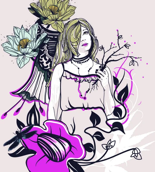 Illustration Vectorielle Une Jolie Fille Sur Fond Floral — Image vectorielle