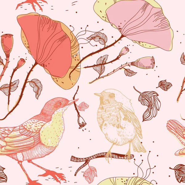 鳥やケシとベクトル花のシームレスなパターン — ストックベクタ