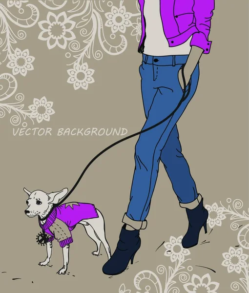 穿着粉色西服 背景花哨的时髦女孩和一只小狗 — 图库矢量图片