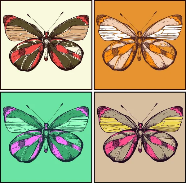 Vektor Set Aus Bunten Karten Mit Handgezeichneten Schmetterlingen — Stockvektor