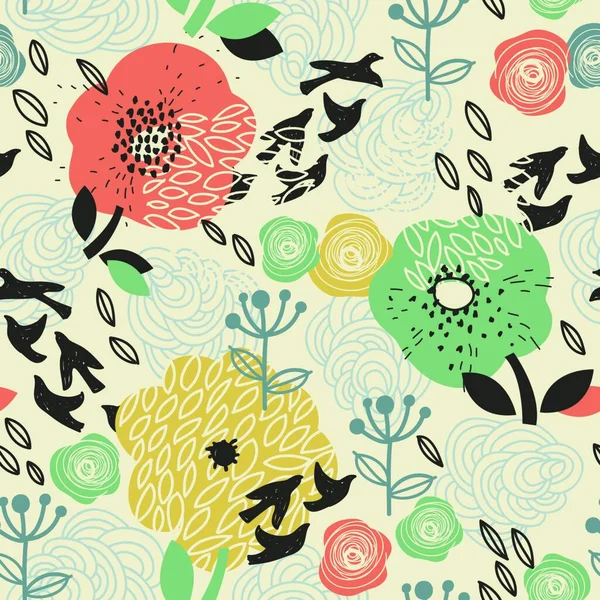 Vector Bloemen Naadloos Patroon Met Abstracte Bloemen Vogels — Stockvector