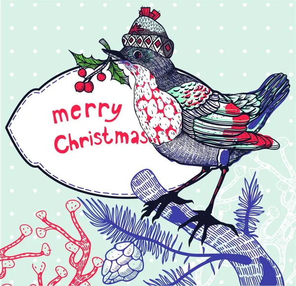Christmas Vector Illustration Winter Bird Knitted Hat — Stock Vector