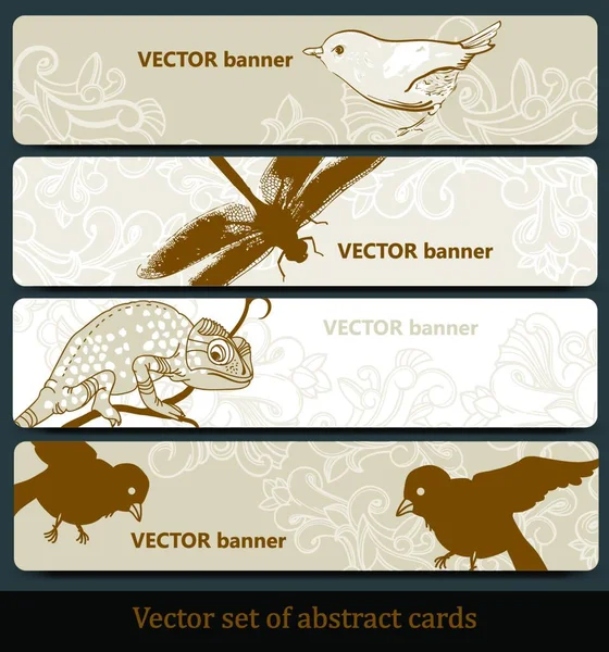 鳥や動物と手描きのバナーのベクトルセット — ストックベクタ