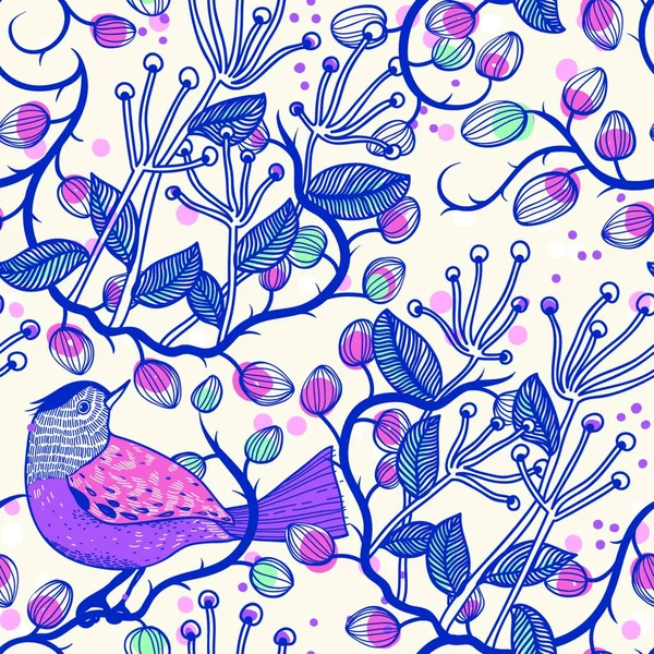 Векторний Квітковий Безшовний Візерунок Фіолетовим Птахом Ягодами — стоковий вектор