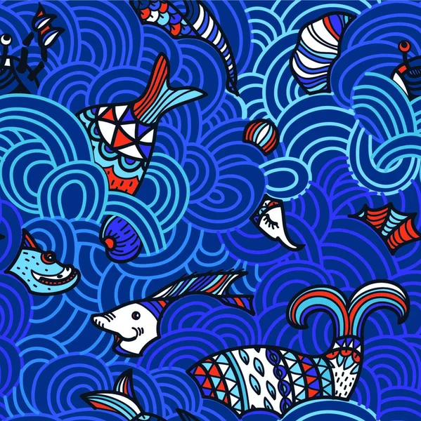 Векторный Безморский Рисунок Морскими Волнами Морскими Животными — стоковый вектор