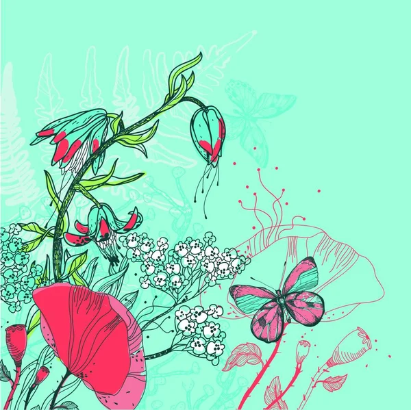 Ilustração Vetorial Flores Florescentes Borboletas Fundo Azul Brilhante —  Vetores de Stock