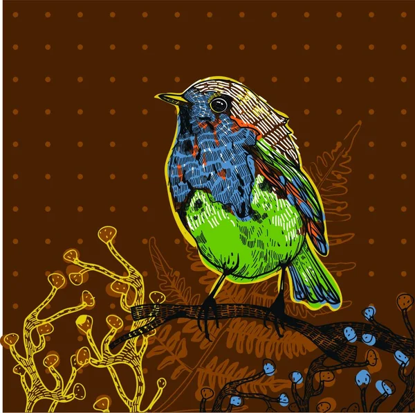 Vektor Illustration Eines Kleinen Bunten Vogels Auf Braunem Hintergrund — Stockvektor