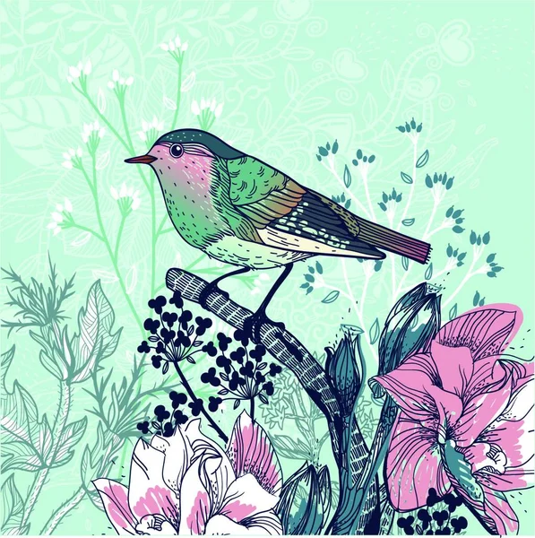 Vektorillustration Eines Kleinen Vogels Und Blühender Blumen — Stockvektor