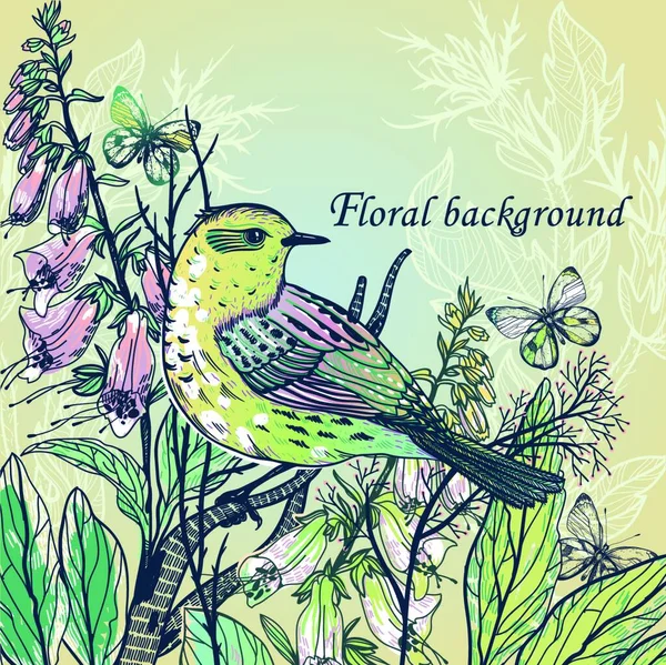 Векторная Иллюстрация Желтой Птицы Цветущих Диких Цветов — стоковый вектор