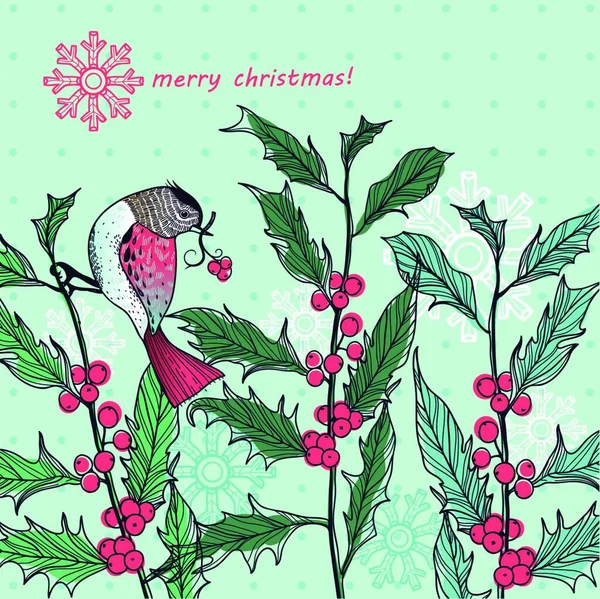 Christmas Vector Illustration Little Winter Bird Sitting Holly Sprigs — Stock Vector