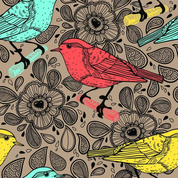 Векторний Безшовний Візерунок Різнокольоровими Птахами Квітковому Тлі — стоковий вектор