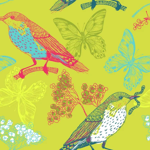 鳥や花や蝶とベクトルのシームレスなパターン — ストックベクタ