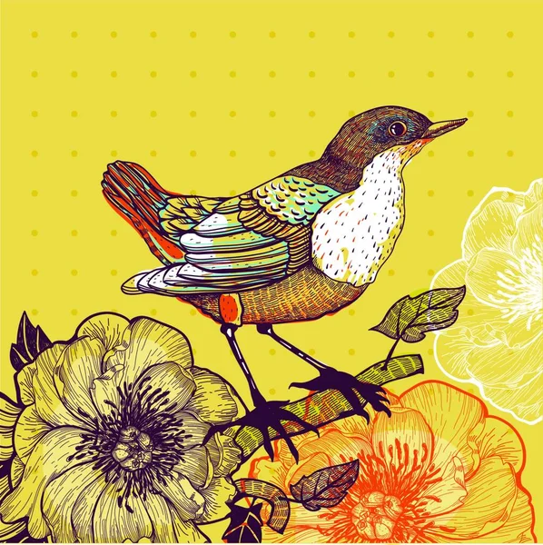 Vektorillustration Eines Vogels Und Blühender Blumen Auf Gelbem Hintergrund — Stockvektor
