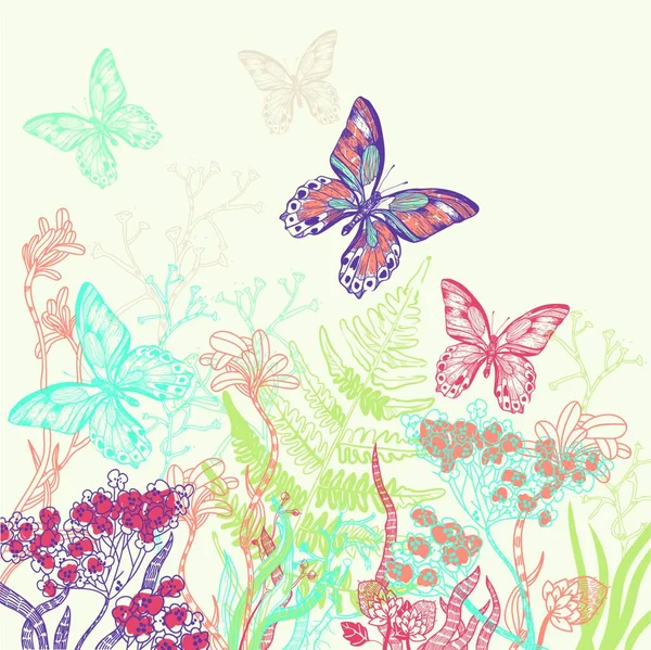 Vector Ilustración Campo Verano Floreciente Con Mariposas Colores — Archivo Imágenes Vectoriales