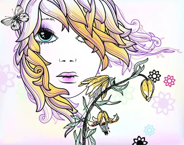 Illustration Vectorielle Une Fille Été Avec Des Fleurs Des Papillons — Image vectorielle