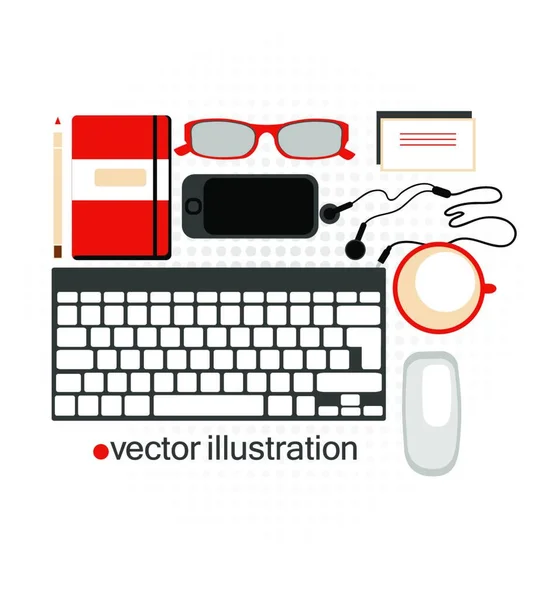 Vektor Illustration Eines Modernen Arbeitsplatzes Mit Nützlichen Geräten Schreibwaren Und — Stockvektor