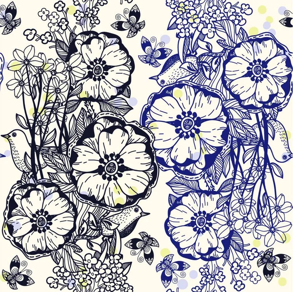 鳥や花とベクトル花のシームレスなパターン — ストックベクタ