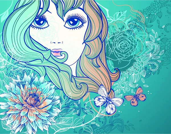 花や蝶が咲く美しい少女のベクトルイラスト — ストックベクタ