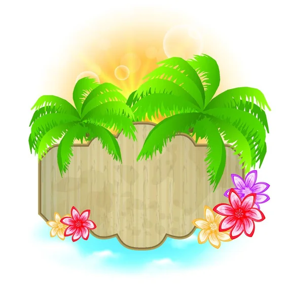 海岸沿いのヤシや花のイラストの木の看板 ベクター — ストックベクタ