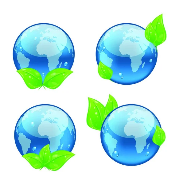 Illustration Set Icon Earth Green Leaves Isolated White Background Environment — Stock Vector