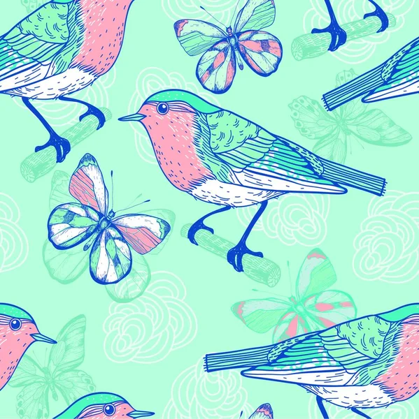 Kuşlar Kelebeklerle Kusursuz Bir Desen — Stok Vektör