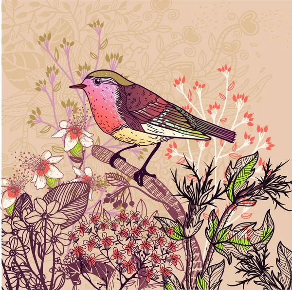 Vektor Blommig Illustration Liten Fågel Och Blommande Vilda Blommor — Stock vektor