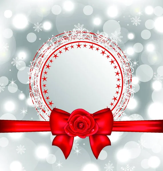 Ilustración Tarjeta Nieve Navidad Con Arco Regalo Rosa Vector — Vector de stock